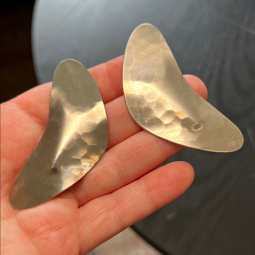 MCM Atomic Modernist Hammered Boomerang Oversized Rhodium Plated Silver Earrings